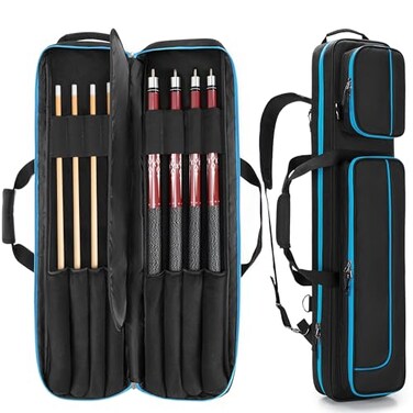 GOBUROS 4x4 Pool Cue Case Hold Up to 4 Butts and 4 Shafts Pool Stick Carrying Case with Front Accessories Pockets Billiard Cue Cases with Shoulder Straps Black and Blue