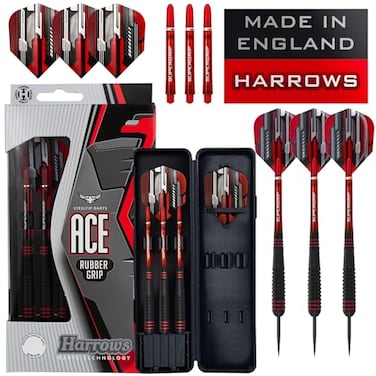 Harrows Ace Rubber Brass Steel Tip Darts Set 20g 22g 24g 26g Includes Supergrip Shafts Micron Marathon Flights Convenient Travel Case 22g