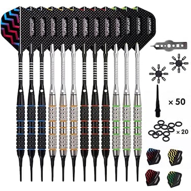 Turnart Darts Plastic Tip Professional Soft Tip Darts Set for Electronic Dartboard 12 Pcs 18 Grams with 50 Extra Tips 24 Flights 2 Flight Protctors and Tool Kit Gift Darts New