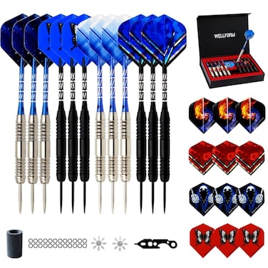 WELLFORM Darts Metal Tip Set12 Pack 26 Grams Steel Tip Darts SetProfessional Metal Darts for Dartboard with NonSlip Iron Barrel Aluminum Shafts Extra Flights Dart Sharpener Wrench Gift Box