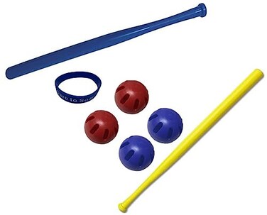 WIFFLE Wiffle Ball Bat Bundle Limited Edition Official Yellow and Official Blue Bat 2 Red and 2 Blue Wiffle Balls Bundle with Bonus Dare to Soar Wristband by AweStar Eagle
