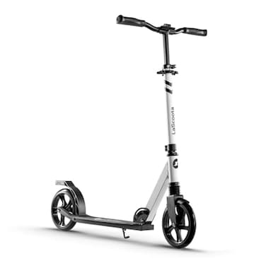 Lascoota AllTerrain Kick Scooter Adult Front Suspension for Smooth Cruising Wide Deck Platform for Stable Riding Adjustable Handlebar for Custom Fit Black White Ages 6 220lb