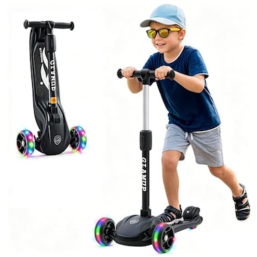GLAMUP 3Wheel Scooter for Boys Girls Ages 314 Folding Kick Scooter LeantoSteer Adjustable Handlebar Safety Lock LED LightUp Wheels Kids Scooter Black