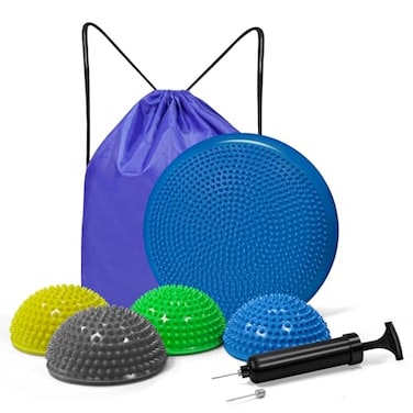 biguphate Wobble Cushion Set for Core Body Balance Training Wiggle Disc Plus 4 Hedgehog Balance Pods and Pump Inflatable Stepping Pads for AdultsBlue