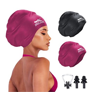 BRDLOCK 2 Pack Extra Large Swim Cap for Long Hair Braids Dreadlocs Waterproof Silicone Swimming Cap Large BlackWindsor Wine