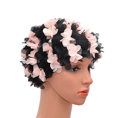 Medifier Lace Vintage Swim Cap Floral Petal Retro Style Bathing Caps for Women Rose Pink and Black