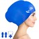 OPOM Silicone Swimming Cap for Women Men High Elasticity Swim Hat for Long Hair Waterproof Bathing Cap with Ear Plugs Nose Clip Keep Hair Dry Easy OnOff Blue