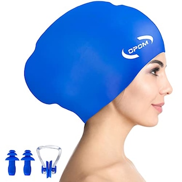 OPOM Silicone Swimming Cap for Women Men High Elasticity Swim Hat for Long Hair Waterproof Bathing Cap with Ear Plugs Nose Clip Keep Hair Dry Easy OnOff Blue