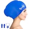 OPOM Silicone Swimming Cap for Women Men High Elasticity Swim Hat for Long Hair Waterproof Bathing Cap with Ear Plugs Nose Clip Keep Hair Dry Easy OnOff Blue