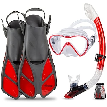 Seavenger Diving Dry Top Snorkel Set with Trek Fin Single Lens Mask and Gear Bag SM Size 45 to 85 GrayClear Red
