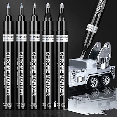 KERIFI Silver Liquid Chrome Mirror Markers OilBased Permanent Art Liquid Chrome Marker Set Reflective Gloss Metallic Mirror Marker Repair Paint Pen for Model Metal Plastic DIY Craft 5pack 13mm