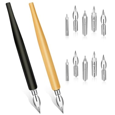 Mozeat Lens 12PCS Comic Pen Nibs Set Oblique Calligraphy Dip Pen Nib Holder with Stainless Steel Replacements for Writing Signing Painting