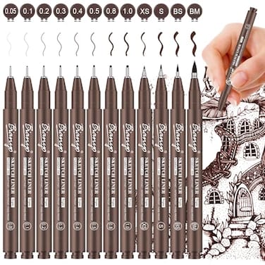 Bianyo Sepia Tone Drawing Pen Set 12 Assorted Sizes Sketch Liner WaterResistant Archival and Pigment Ink Art Pens Precision Drawing and Sketching Kit