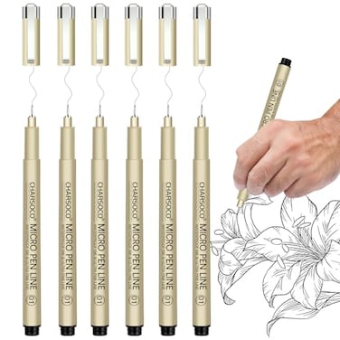CHARSOCO 01 Micro Pen 6 Pack Black Fine Point Pen with Waterproof Archival Ink 025mm Fineliner Ink Pens for Artist Illustration Sketching Anime Manga Technical Drawing and Scrapbooking