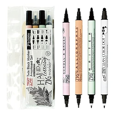 Kuretake ZIG Twin Marker BLACK 4 Assortment set for Hand Lettering Calligraphy Art Illustration Journaling Cartooning AP Certificated Made in Japan