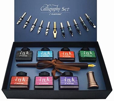 Plotube Calligraphy Pen Set Includes Wooden Dip Pen Antique Brass Holder 11 Nibs 7 Colors Ink Bottles and Beginners Manual