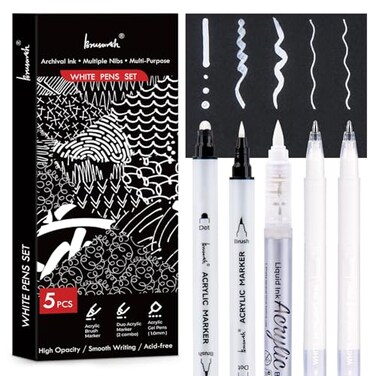 Brusarth White Pens Set 5 Pack 1mm White Gel Pens DualTip Acrylic Paint Pen Brush Tip Acrylic Markers for Black Paper Drawing Sketching Illustration Card Making Bullet Journaling