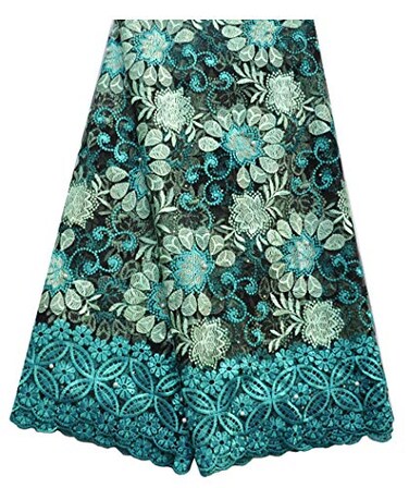 SanVera17 African Lace Fabric 5 Yards Beading Rhinestones for Dress Green