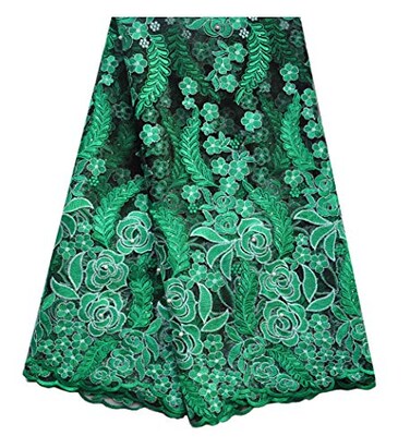 SanVera17 African Lace Fabric 5 Yards Beading Rhinestones for Dress Green