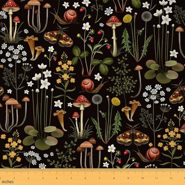 Castle Fairy Cute Mushroon Fabric by The Yard Wild Flowers Jungle Plants Decor Soft Flannel Polyester No Stretch Sewing Craft Natural Moth Snail Rustic Style Fabric for Home DIY Projects 1 Yard36 L x