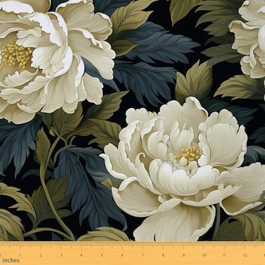 Erosebridal Peony Flannel Fabric by The Yard Flower Leaf Upholstery Florals Botanical Indoor Not Stretchy Decorative Fabric Spring Garden Green Yellow White 1 Yard