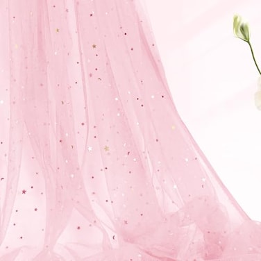 Horbaunal Light Pink Glitter Tulle Fabric Rolls 54 Inch Wide by 1 Yard Star Moon Sequin Tulle Rolls Netting Fabric for Tutu Skrits DIY Craft Wedding Backdrop Party Decorations