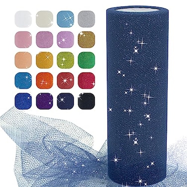 JeogYong Navy Blue Glitter Tulle Roll 6 x 25 Yards Polyester Netting Fabric Tulle Ribbon DIY Fabrics for Tutu Skirts Dress Wedding Party Decor Gift Wrapping Craft Supplies