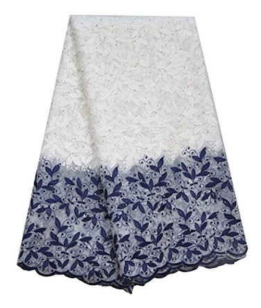 SanVera17 Glitter Stone African Lace Net Milk Silk Fabrics Nigerian Fabric Embroidered and Guipure Cord Lace for Party Wedding White 5 Yards