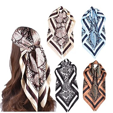 upeilxd 4Pcs Silk Head Scarves for Women Satin Hair Scarf 35Large Square Bandana Silk Like Neck Scarf Shawl BlueCoffeeBeigeBlack