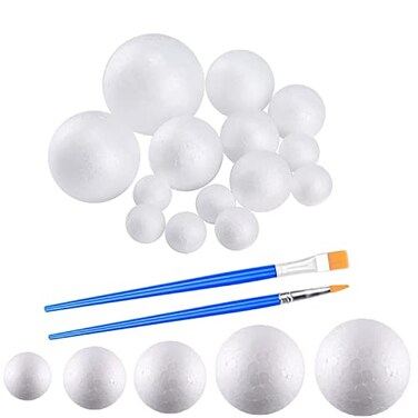 hesmartly 50 Pack Craft Foam BallsWhite Polystyrene Smooth Round Balls 5 Sizes Foam Balls and 2 Pieces Painting Brushes for DIY Projects Arts and Crafts Supplies