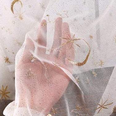 IRIZ 2 Colors Ivory and Black Tulle 3D Embroidery Mesh Lace Fabric Gold Star Gauze Fabric Wedding Fabric 51 Inches Width Sale by Yard Ivory