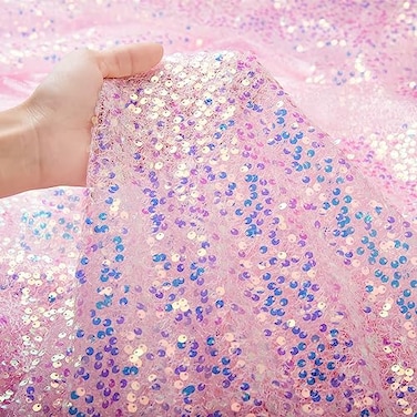 B-COOL BCOOL Sequin Fabric by The Yard 5MM Iridescent Mermaid Glitter Fabric 1 Yard Pink Sparkly Fabric for Wedding Costumes Mermaid Tail Sewing Dress Tablecloth DIY Crafts