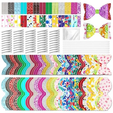 AOUXSEEM 50 Set Random Colors Bows DIY Making Kit for Beginners Pre Cut Faux Leather Hairbows Contains PrintedGlitterEmbossedTextured Fabric with Alligator Clips for Women Girls Handmade Gift