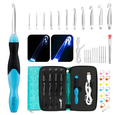 Votris Light Up Crochet Hook Set 11 in 1 Lighted Crochet Hook Set for Beginners Ergonomic Soft Grip Rechargeable Light Interchangeable Heads Ideal Crochet Hooks Kit Gift
