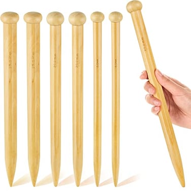 MTLEE 6 Pcs Large Knitting Needles Jumbo Straight Wooden Knitting Needles 3 Sizes Extra Large Weaving Tool for Chunky Yarn Beginner DIY Fabric Crafts Crochet 15mm 20mm 25mm Natural