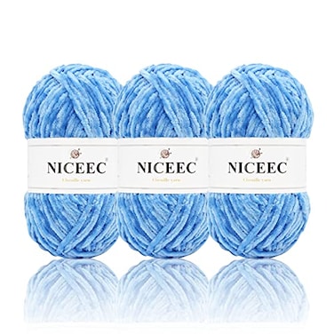 NICEEC 3 Skeins Soft Chenille Yarn Blanket Yarn for Knitting Fancy Yarn for Crochet Weaving DIY Craft Total Length 385m 393yds 350gBlue