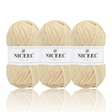 NICEEC 3 Skeins Soft Chenille Yarn Blanket Yarn for Knitting Fancy Yarn for Crochet Weaving DIY Craft Total Length 385m 393yds 350gKhaki