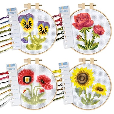 Kraftex Stamped Cross Stitch Kits for Beginners Flower Theme 675 Inch 4 Pack 1 x Embroidery Hoop Embroidery Needlepoint Patterns for Adults Includes Poppy Rose Sunflower and Pansy