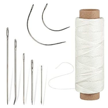 Pimoys 55Yards Waxed Thread with 7 Pcs Leather Hand Sewing Needles 150D Flat Waxed Thread for Leather Repair Upholstery Canvas Bags Sofa Furniture White