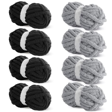 HOMBYS Chunky Chenille Yarn for Crocheting Super Bulky Jumbo Yarn for Hand Knitting 34 Thick Soft Plush Yarn for Blankets 8 Skein Pack 27 yds 8 oz Each Multi Assorted Black Grey