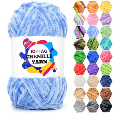 JOYTAG Velvet Chenille Yarn for Crocheting Knitting Sky Blue Soft Fluffy Plush Thick Bulky Chunky 100g