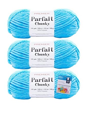 Bella's Crafts Premier Yarns Parfait Chunky Chenille Yarn 35 Oz 6 Super Bulky Weight 3 Pack Bundle with Bellas Stitch Place Holders Azure