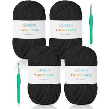 Katech 400g Black T Shirt Yarn 130 Yards Chunky Thick Fabric for Crocheting Baskets Hand Bag Decor Easy to Crochet Polyester Yarn for Beginner Knitting Gifts