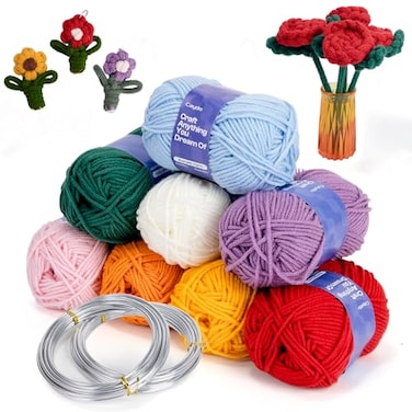 Caydo Aluminum Craft Wire and Acrylic Yarn Skeins Kit iCord Knitting Kits for Beginner for DIY Handicraft Making 8x25g Yarn 2 Roll 5M x 3 mm Wire