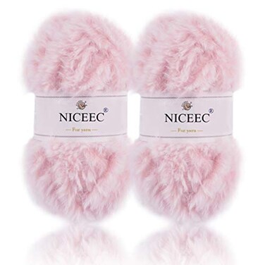 NICEEC 2 Skeins Faux Fur Yarn Super Soft Chunky Fluffy Eyelash Yarn for Crochet Knitting Total Length 70yds353oz Light Sakura Pink