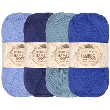 BambooMN JubileeYarn Baby Soft Bamboo Cotton Yarn 50gSkein Shades of Blue 4 Skeins
