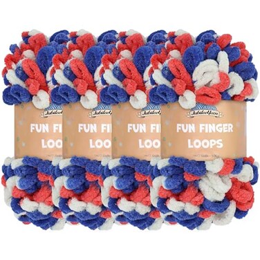 BambooMN JubileeYarn Fun Finger Loops Yarn 100gSkein Jumbo Polyester Team Spirit Red White Blue 4 Skeins