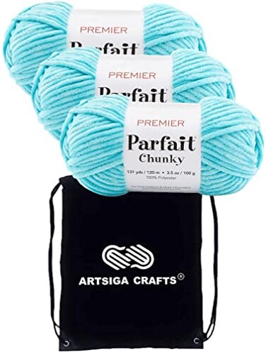 Premier Yarns Parfait Chunky Turquoise 115034 3Skeins Same Dye Lot Weight S Bulky 6 Polyester Yarn for Crocheting and Knitting with Project Bag