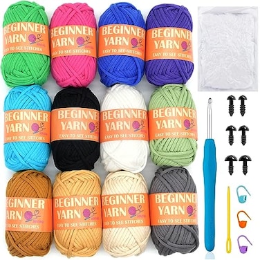 JOYTAG 12 Pack Beginners Crochet Yarn Coffee Brown Beige Grey Cotton Easy Crochet Yarn for Crocheting Knitting Beginners with EasytoSee Stitches Multiclor Mini Beginner Crochet Kit12x25g