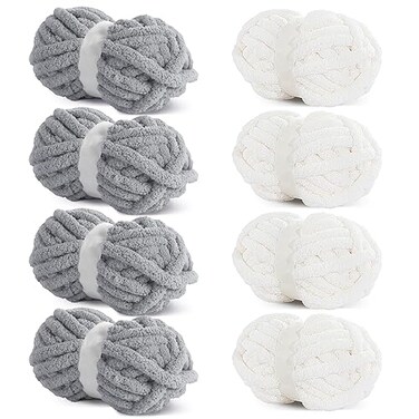 HOMBYS Chunky Chenille Yarn for Crocheting Super Bulky Jumbo Yarn for Hand Knitting 34 Thick Soft Plush Yarn for Blankets 8 Skein Pack 27 yds 8 oz Each Multi Assorted White Light Grey